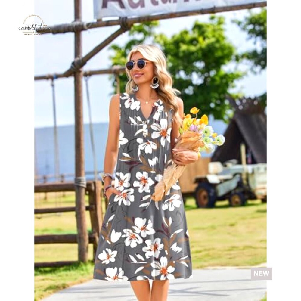 Sleeveless Midi Sundress with Pockets, V-Neck, Pleated A-Line - Picture 3 of 7
